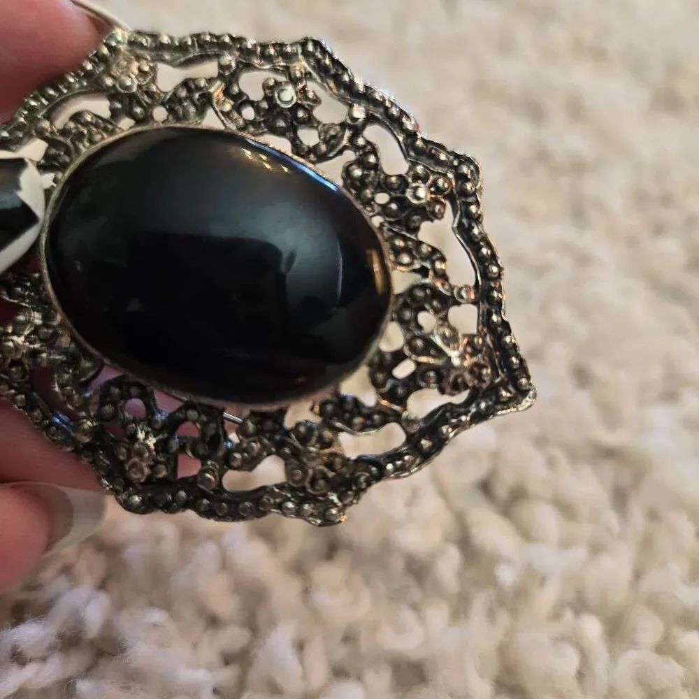Ornate Silver Black Oval Stone Brooch Pin